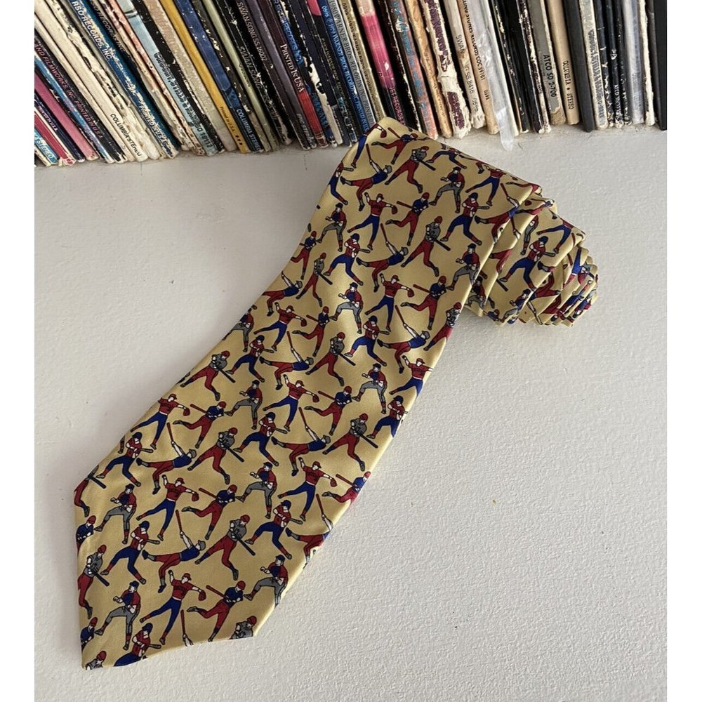 Vintage Bert Pulitzer 100% Silk Tie Baseball Sport Theme Yellow Red Blue USA